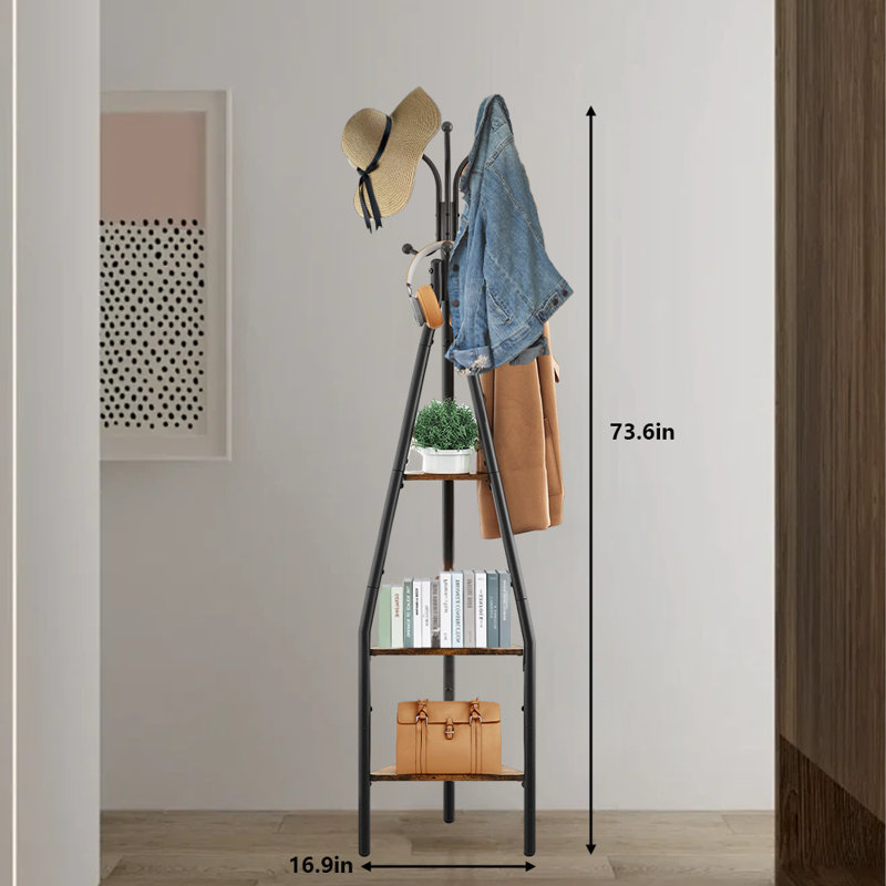 Coat Rack Freestanding With Hooks,3-Tier, Black/Brown