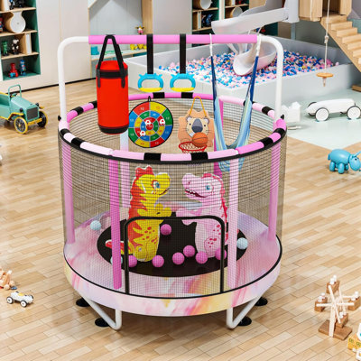 Trampoline rond 55 po 7-en-1 pour enfants avec filet de sécurité, trampoline intérieur et extérieur pour tout-petit avec barre de gymnastique réglable et jouets pour garçons et filles