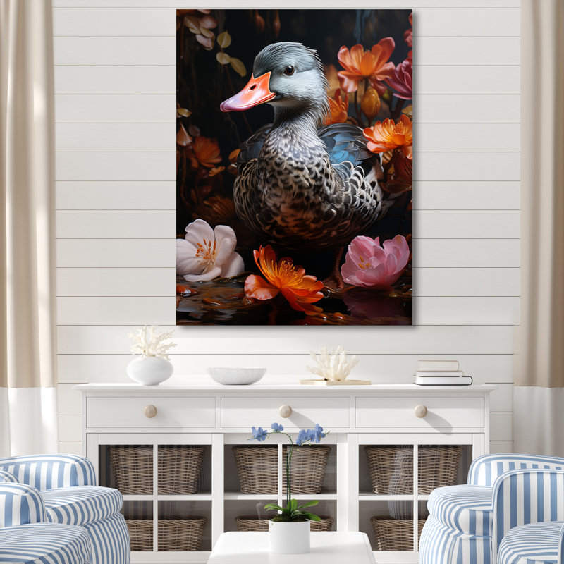 «Duck's Floral Shadow Diver» - Art mural animal canard, Toile tendue, H 20 po x l 12 po x P 1 po