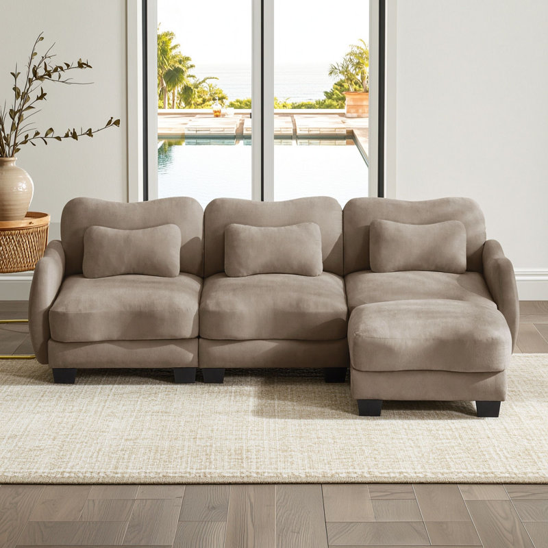 Canapé d'angle trois places en chenille avec pouf amovible et coussins lombaires, Café
