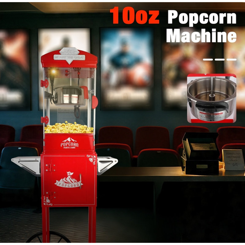 Machine à maïs soufflé pour cinéma maison avec chariot et roues - Bouilloire 10 oz, 3 cuillères à mesurer en plastique, Rouge