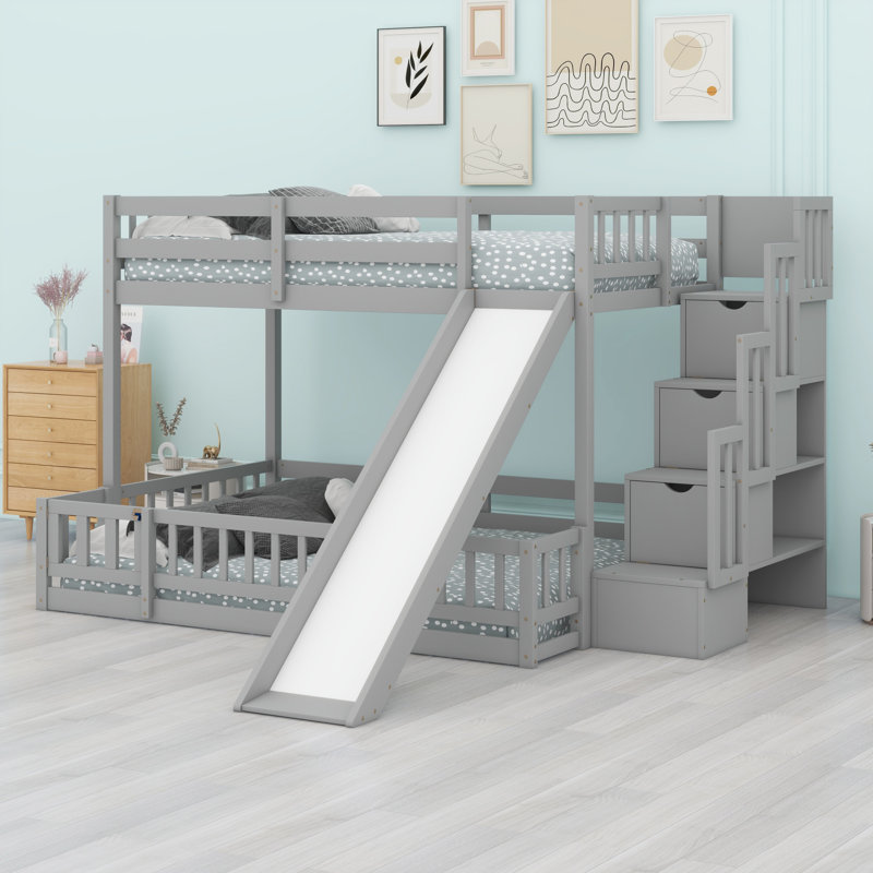 Lit superposé avec glissade, escalier de rangement et garde-corps de sécurité, Gris