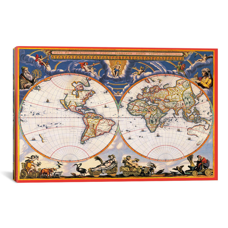 "carte du monde antique-nouvelle et accuratissima totius terrarum orbis tabula (blaeu, joan 1664), impression sur toile