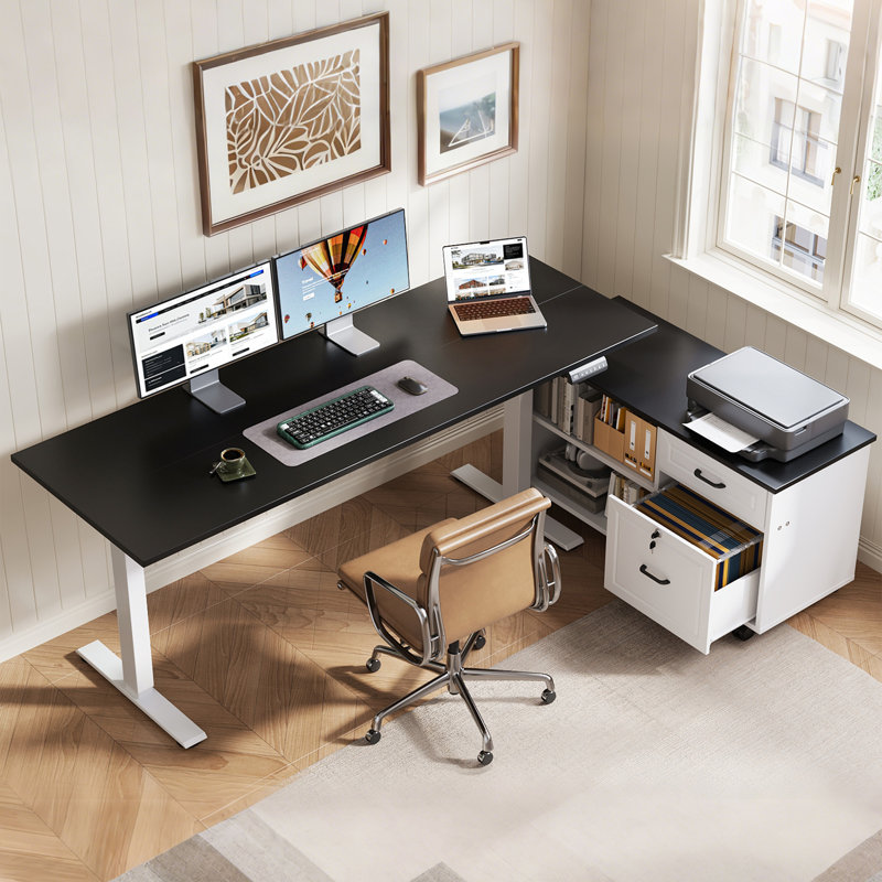 Bureau debout avec classeur spacieux, bureau en L réglable en hauteur avec structure robuste pour le bureau à domicile