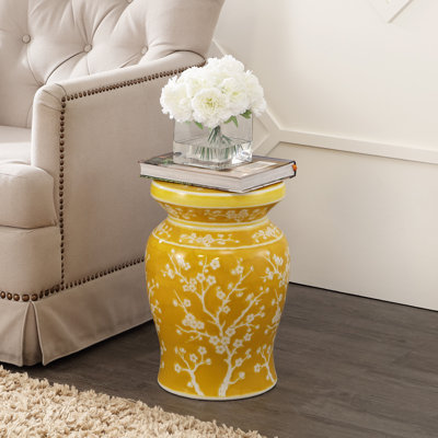 Cherry Blossom Classic 17.75" Yellow and White Ceramic Garden Stool, Indoor Outdoor Chinoiserie Patio Side Table and Plant Stand