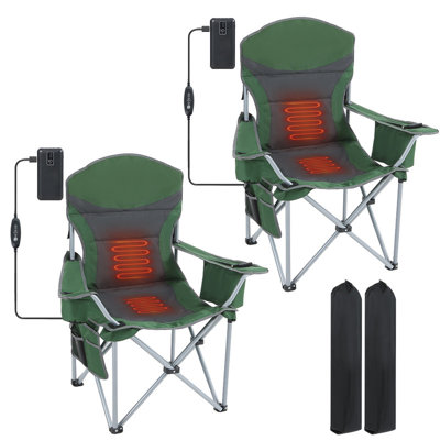 Heated Folding Camping Chair with Power Bank, Cooler & Carry Bag for Outdoor Sports, Tailgating, and Cold-Weather Comfort (Green & Gray 2-Pack)