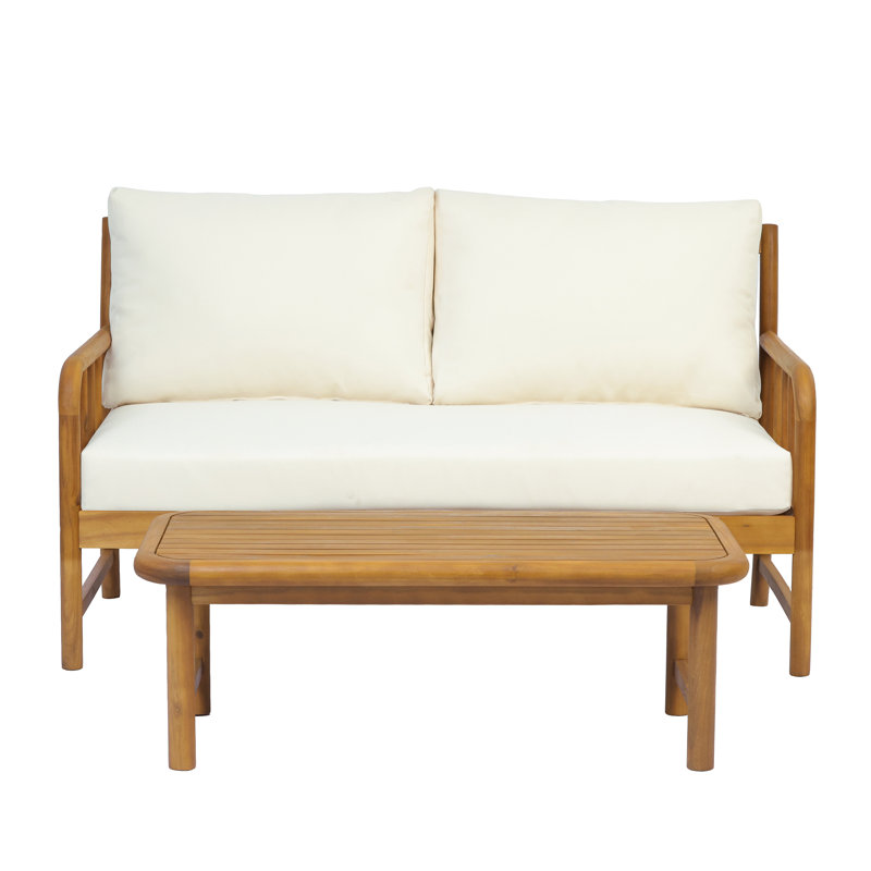 Ensemble de causeuse et de table basse en bois d'acacia moderne d'extérieur Meriton avec dossier en rotin PE