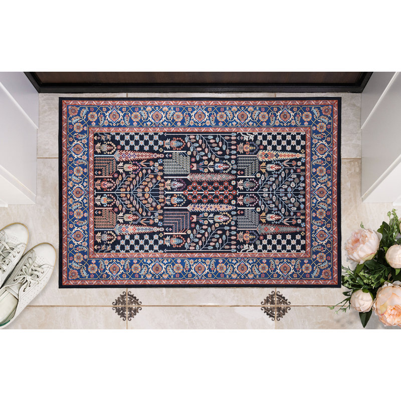 Breedlove Traditional Machine Woven Flatweave Navy and Blue Area Rug with Non Skid Backing, Rectangle 3'3" x 5'