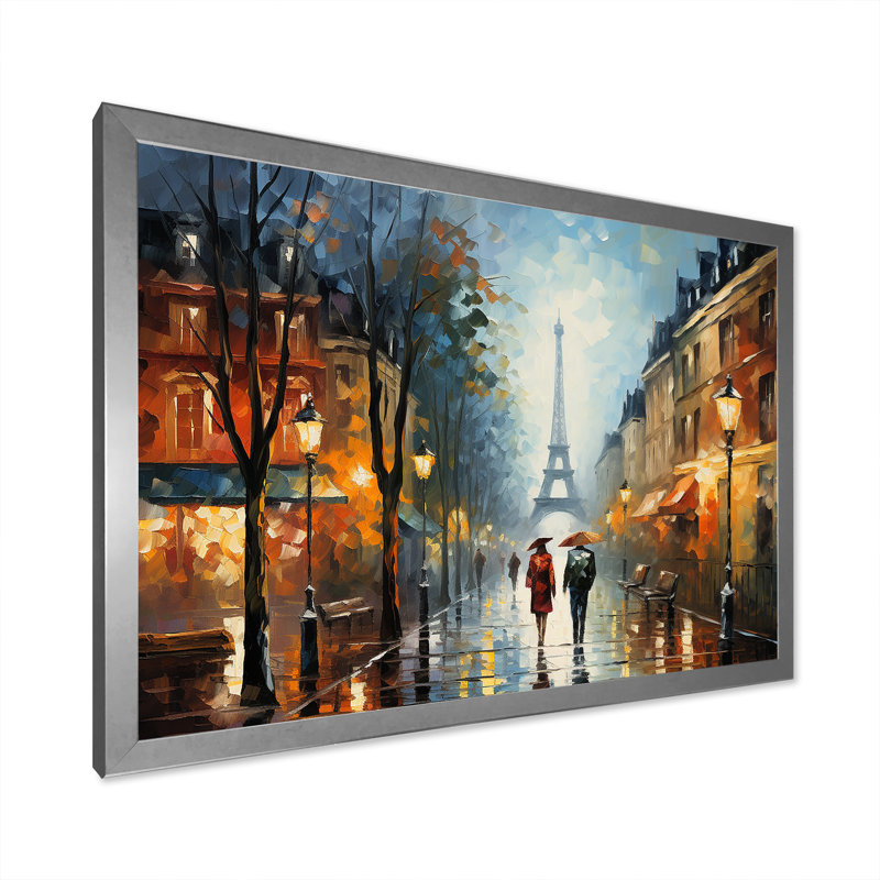 Couple romantique à Paris II - Art mural de la ville de Paris, Cadre de coin argenté fermé, H 12 po x l 20 po x P 1 po