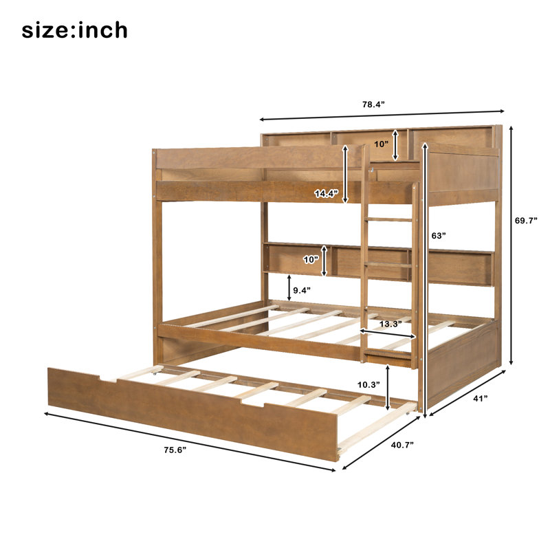 Twin over twin Bunk Bed with Trundle, Built-In Storage Shelves, Wooden White Space-Saving Kids Bunk Bed, Antique Wood