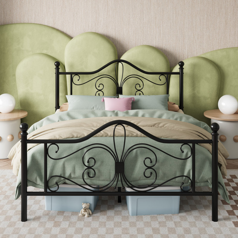 Anterrio Metal Open-Frame Bed with Butterfly Pattern Design Headboard and Footboard, Black, Full / Double