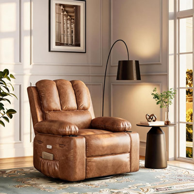 Fauteuil inclinable électrique surdimensionné de 26,8 po de largeur, fauteuil inclinable à bascule pivotant en cuir polyuréthane bicolore avec massage, télécommande et porte-gobelets, fauteuil de salon, de chambre à coucher et de chambre de bébé