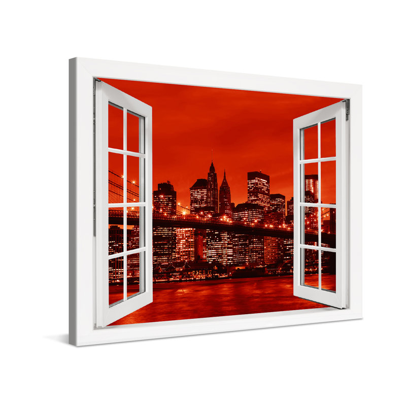 New York Manhattan Brooklyn Bridge Red Window - No Frame Print on Canvas, 60cm H x 80cm W x 2cm D