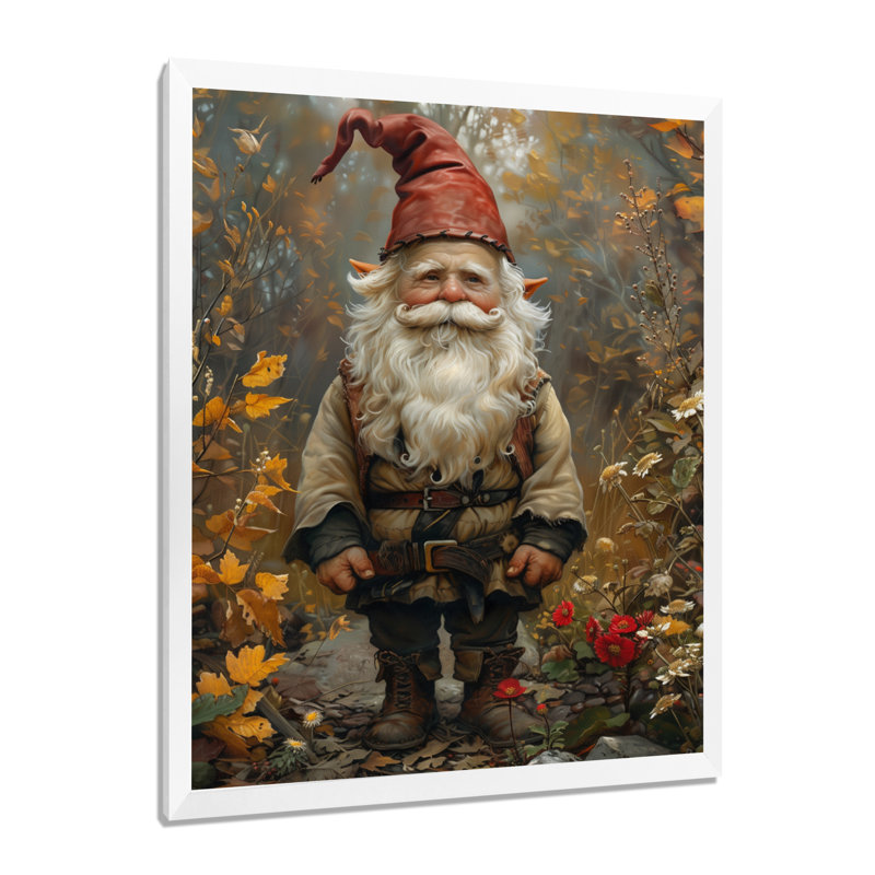 Décoration murale jaune et rouge jardin d'automne - Gnome, H 30 po x l 40 po, Cadre photo blanc simple, bois massif