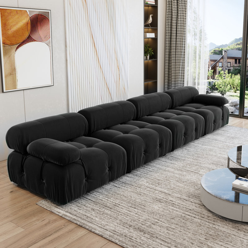 Cylar 138.6'' Wide Velvet Reversible Modular Sofa & Chaise, Black