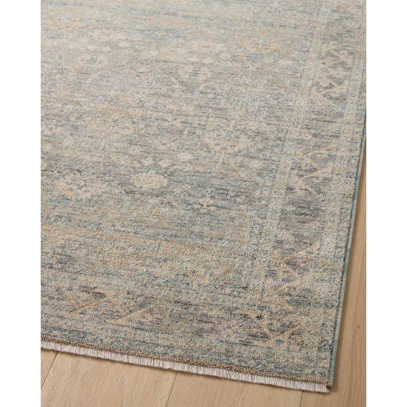 Sky and Beige Distressed Polyester Runner Rug with Fringe