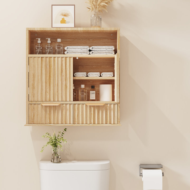 Armoire de salle de bain Mid-Century moderne | Conception cannelée avec poignées dorées, casier ouvert et deux tiroirs, tablette réglable, charnières à fermeture en douceur - pour l'organisation de la salle de bain