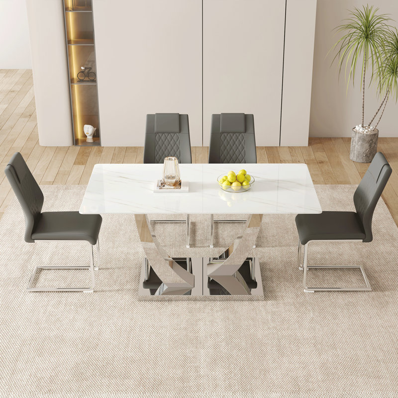 Modern Rectangular Glass Dining Table Set With Pu Chairs