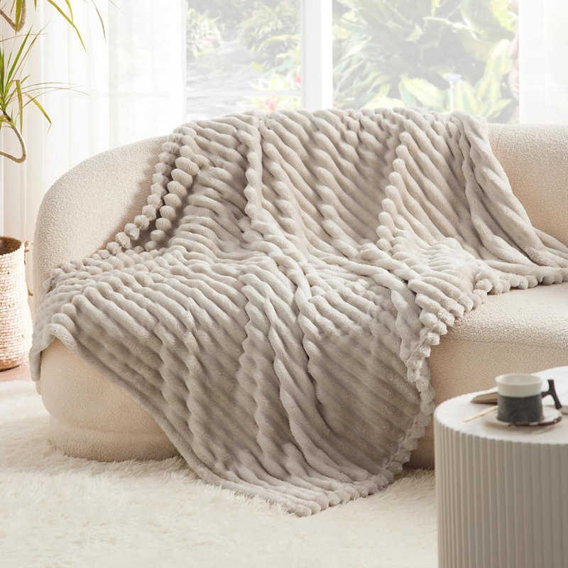 Bedsure Super Soft Fleece Blanket with Classic Stripe Pattern, Throw, Beige