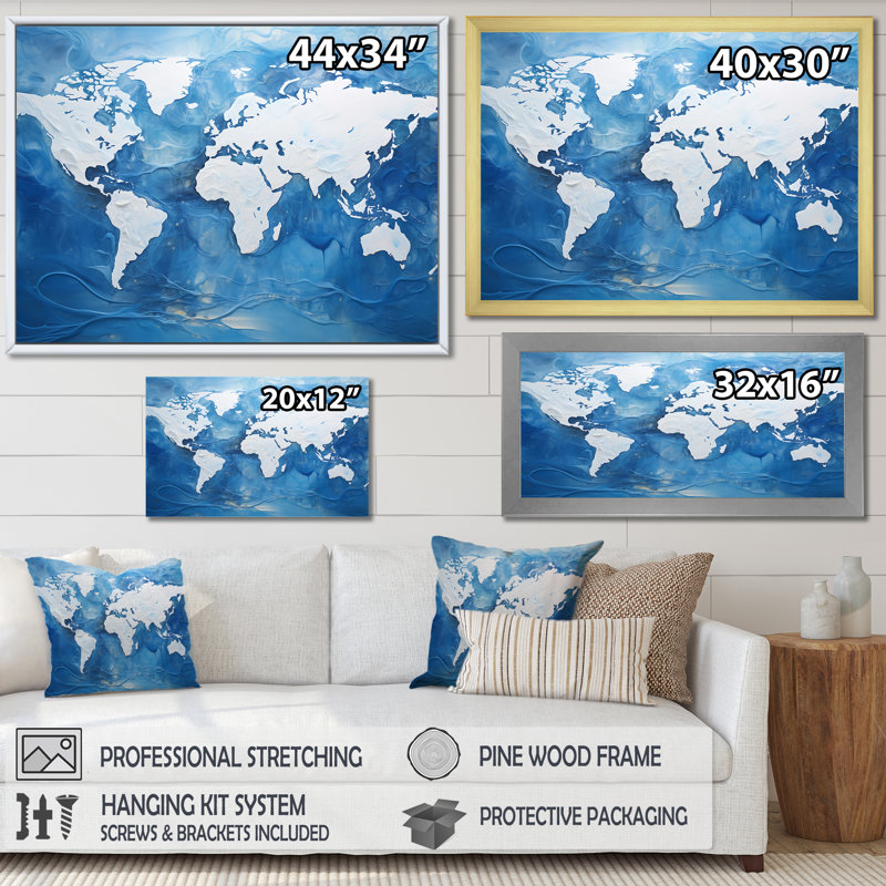 «Majestic Meridians Blue World Map I», reproduction sur toile, Cadre doré simple, H 16 po x l 32 po x P 1 po