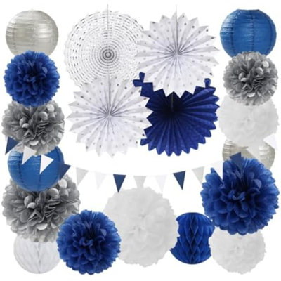 Navy-Blue White Silver Party-Decorations - 20Pcs Graduation Paper Lanterns Fans,Tissue Pom Poms,Honeycomb Balls,Bunting,Birthday Bridal Bachelorette Christmas Baby Shower Wedding Décor