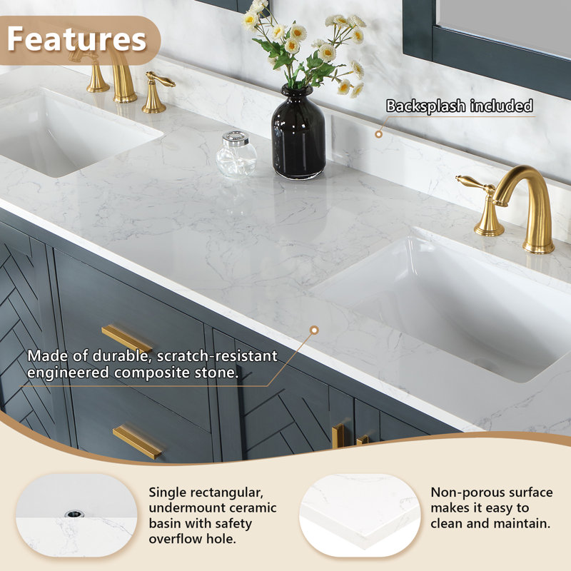 Plateau de meuble-lavabo double en pierre reconstituée avec lavabo 73 po Ceres