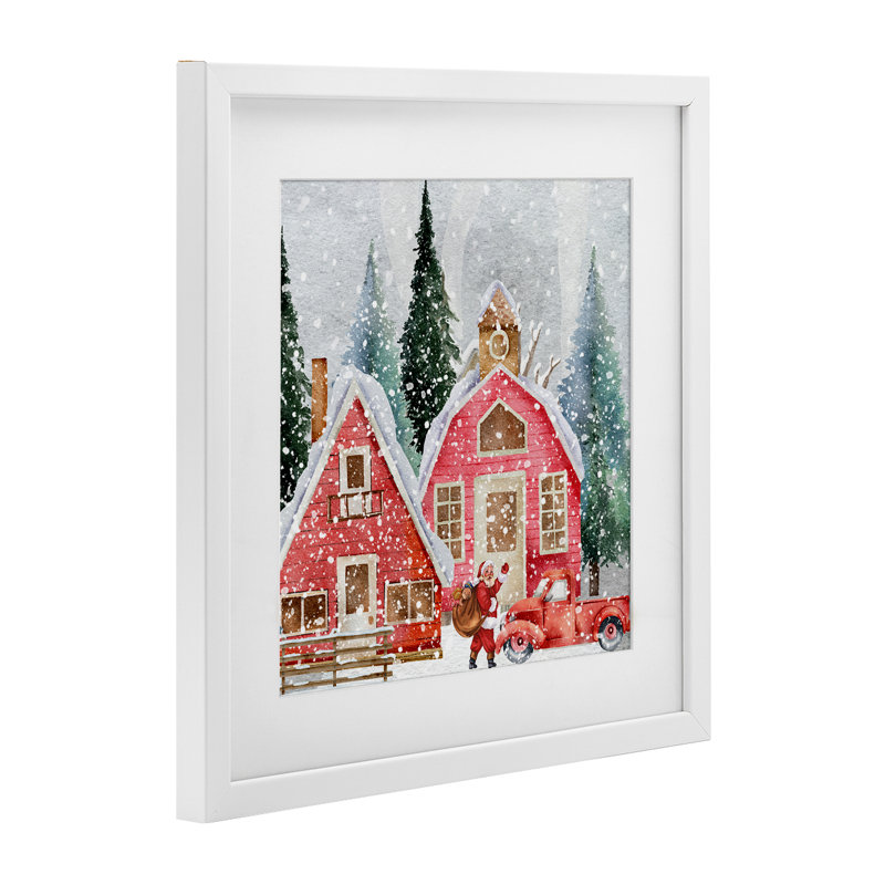 «Red Barn Santa», reproduction sous verre encadrée, conception de Jesse Keith, H 16 po x l 16 po, Cadre blanc côtier