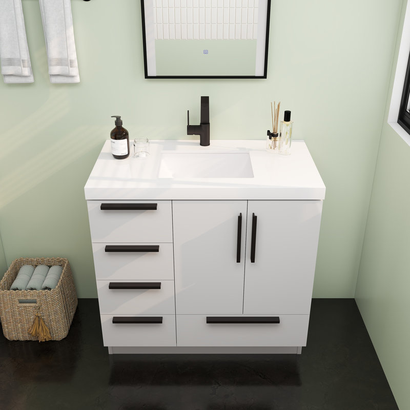 Meuble-lavabo autoportant avec tiroirs latéraux Carla, Blanc brillant, 35"