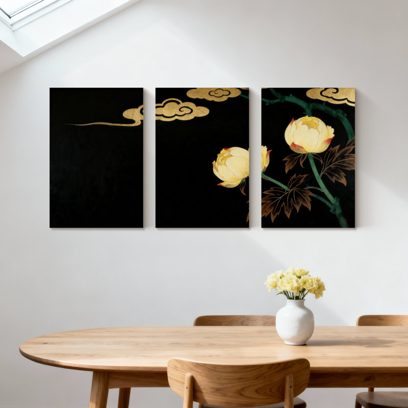 Pivoine sur fond noir, nuages dorés, fleurs jaunes, tige verte, ensemble de 3 impressions sur toile, H 30 po x l 60 po