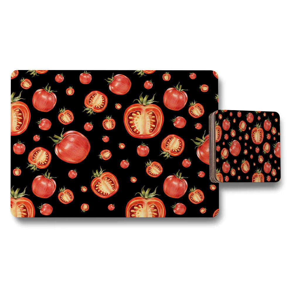 Tomato Pattern Placemat and Coaster Set with Black Background
