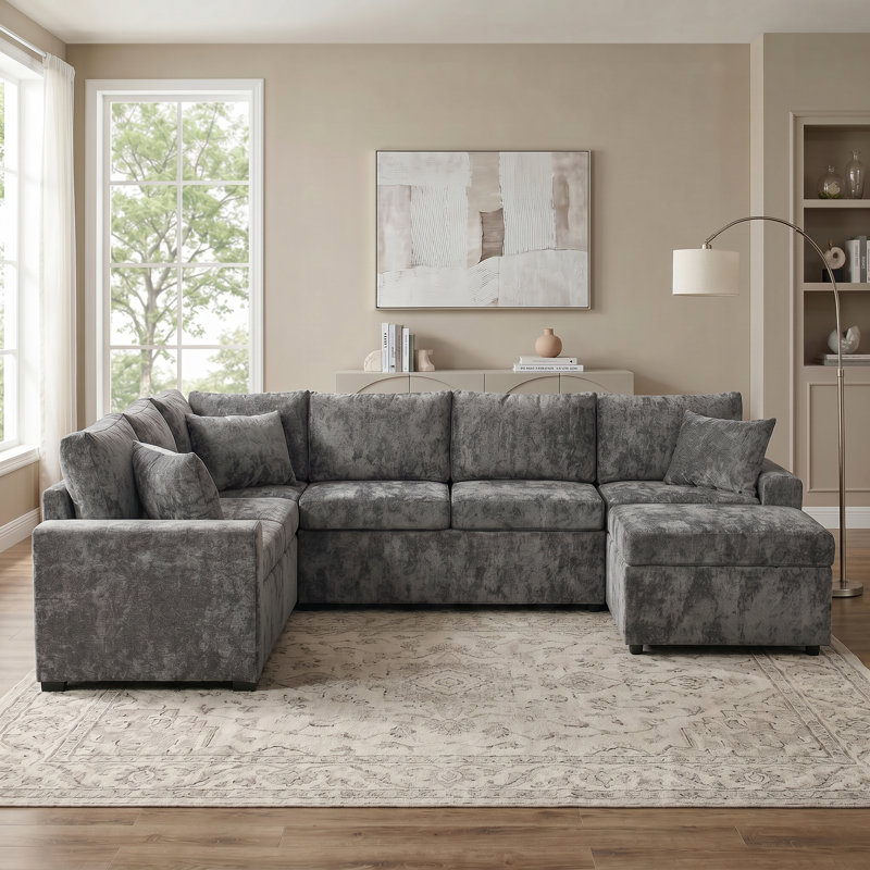 112.2"Chenille Pull Out Sofa Bed Sleeper Plush Cushions L-Shaped Grey