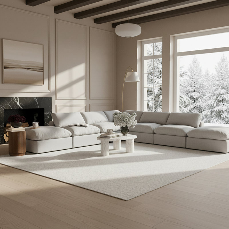 Canapé modulaire en velours 160 po conforme à la norme CAL117, Tissu texturé en lin blanc