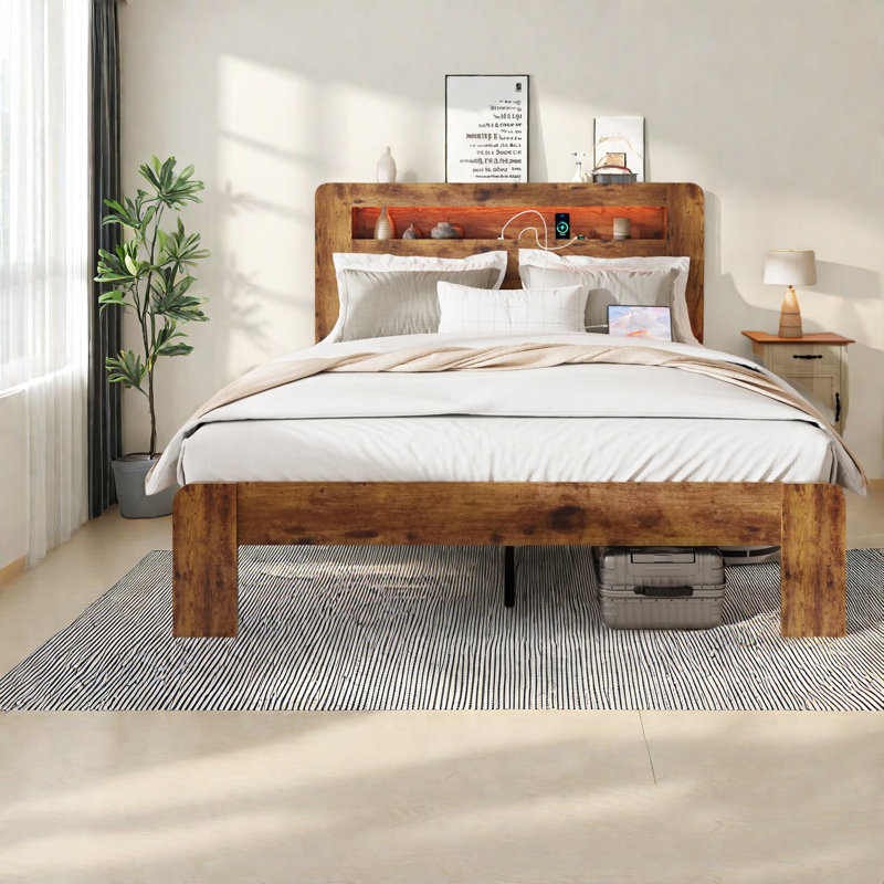 Lits modernes très grand, structure en bois et métal avec rangement à DEL, brun foncé