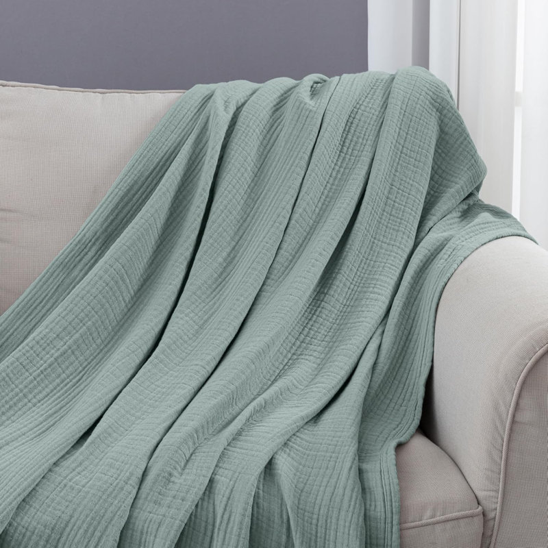 Airy Lightweight 4 Layer Cotton Muslin Blanket, King, Sage Green