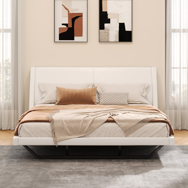 Grand lit moderne en cuir pu, design ondulé pour la maison