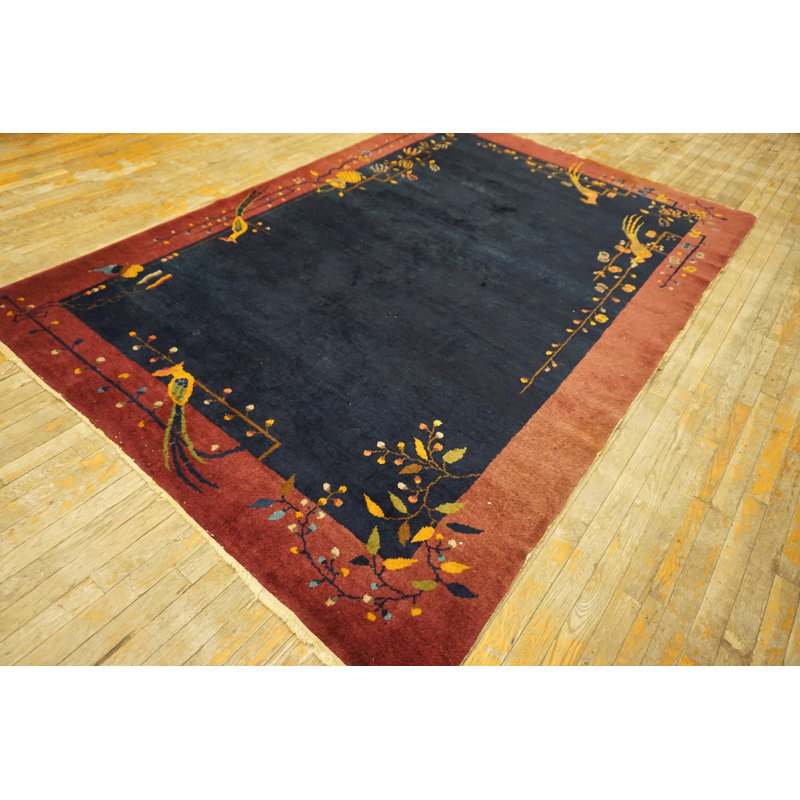 Minimalist Bird Pattern Antique Art Deco Chinese Wool Pile Blue Rug
