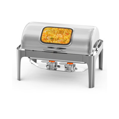 Roll Top Chafing Dish Buffet Set Rectangular, 9QT Stainless Steel Catering Food Warmers with Glass Window for Wedding, Parties, Banquet, Events, Full Size, Silver