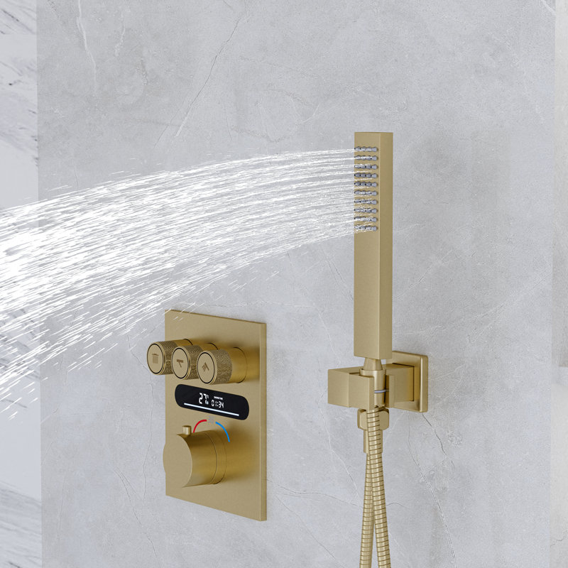 Système de douche thermostatique numérique brossé or avec pomme de douche à pluie murale, douchette à main et garniture de valve en laiton cUPC