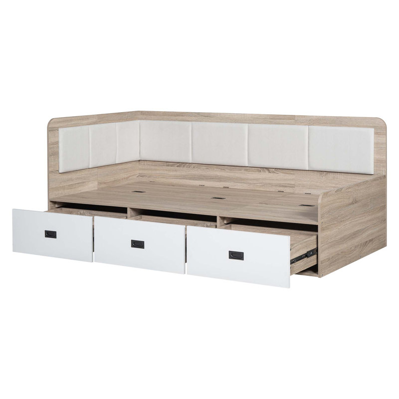 Lit de jour avec trois tiroirs et trois compartiments de rangement, Lit simple, Beige + naturel