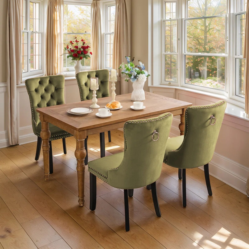 2PCS Modern Velvet Wingback Tufted Solid Wood Upholstered Dining Chairs (Set of 2), Olive
