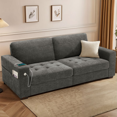 Yakina 89'' Upholstered Modern Chenille Sofa with Storage Pockets Couches and USB Charging Port