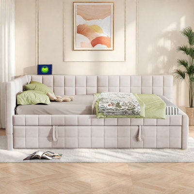 Upholstered L-shaped Daybed With Pop Up Trundle, Usb Ports And Square-block Pattern by Latitude Run