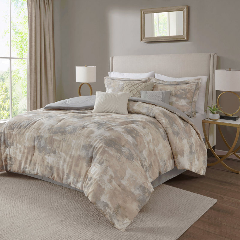 7 Piece Textured Cotton Blend Comforter Set Gray Queen
