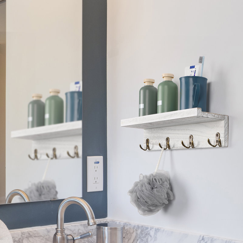 Landess Rustic White Wall Shelf with Hooks