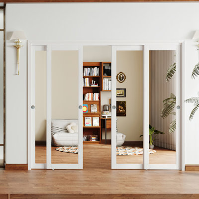 Sliding Closet Door - Panel Full Length Mirror Design White MDF Sliding Doors With Handles & Sliding Rail Kit