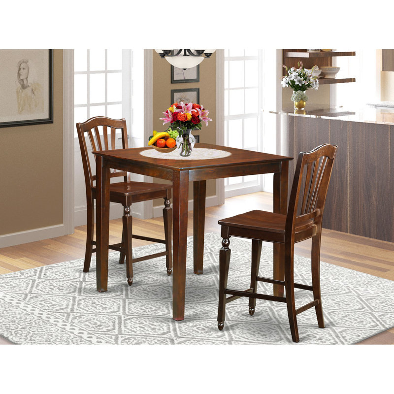3 Piece Counter Height Pub Set for Small Spaces Contains a Square Dining Room Table and 2 Kitchen Chairs, Mahogany
