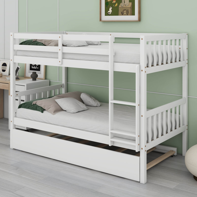 Lit superposé simple en bois d'hévéa avec lit gigogne, peut être converti en 2 lits plateforme, lit superposé avec échelle et garde-corps de sécurité