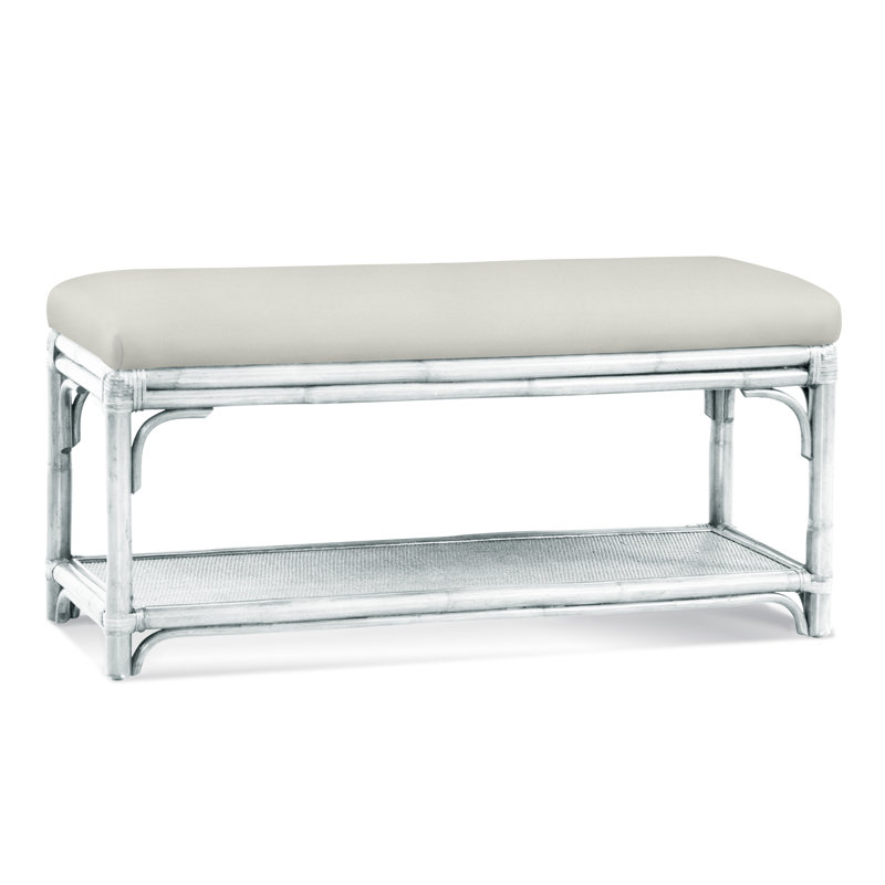 Summer Retreat Wicker Shelf Storage Bench, Frost White, Green and Blue Stripe; 0252-54