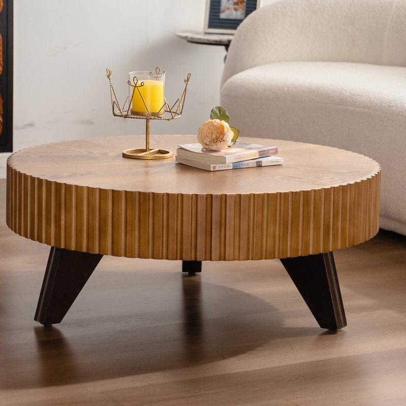 Table basse de 90 cm (35,4 po) - Plateau fini naturel et pieds en bois massif, base ronde