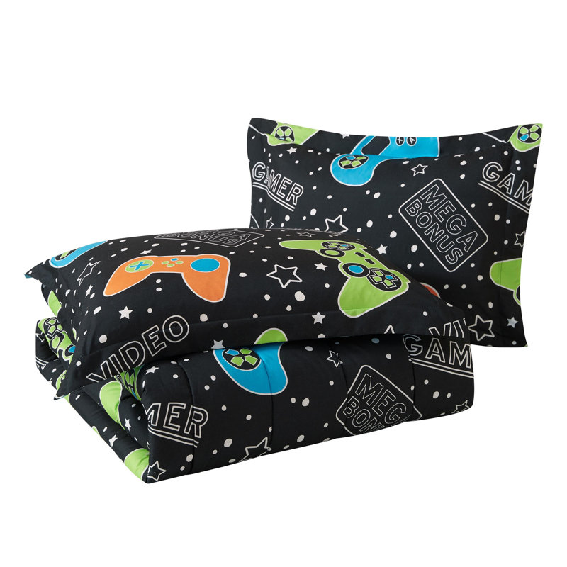Full Black Reversible Microfiber Gamer Comforter Set